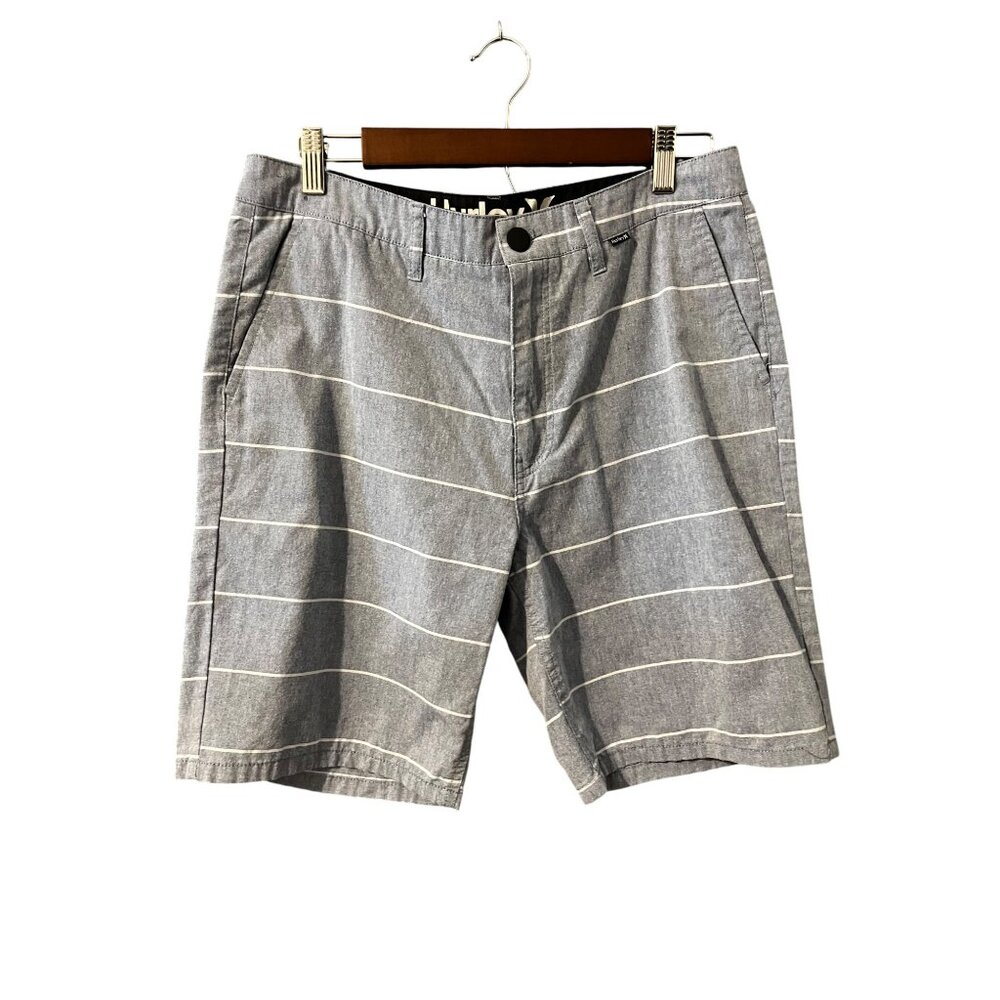 Hurley Mens Grey Stripe Casual Shorts Size 31 Cotton Blend Relaxed